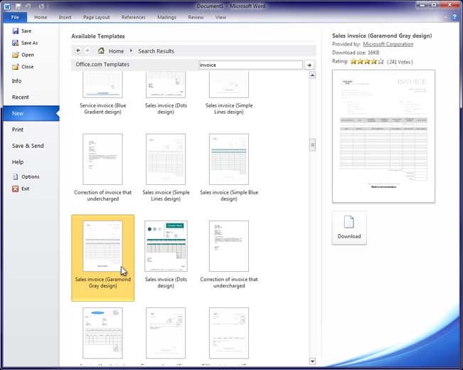 Picking an Invoice Template in Word