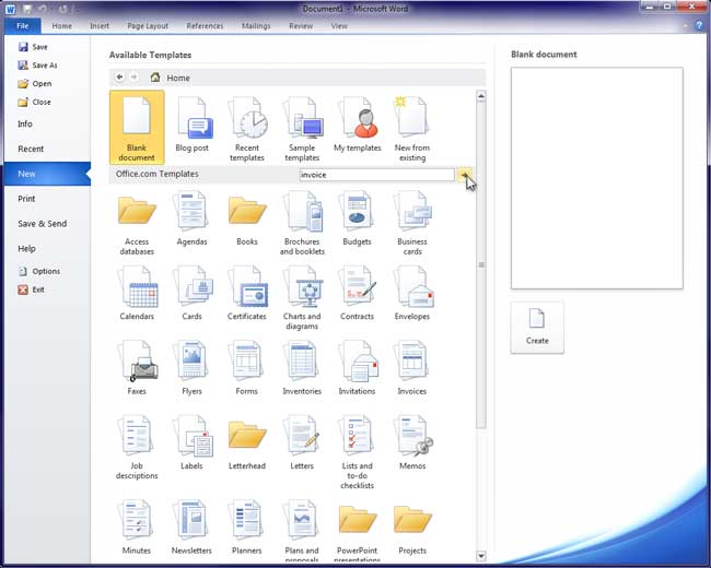Searching for Invoice Template in Word