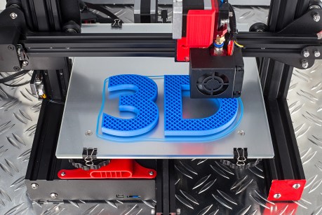 Red black 3D printer printing blue logo symbol on metal diamond plate future technology modern concept background