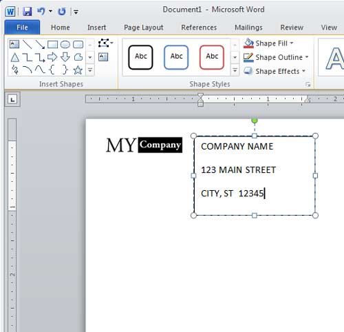 Word Env #10 Tutorial - Return Address Entered in Text Box