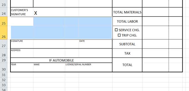 Design Invoice In Excel - Merge Cells B:25 - E:26