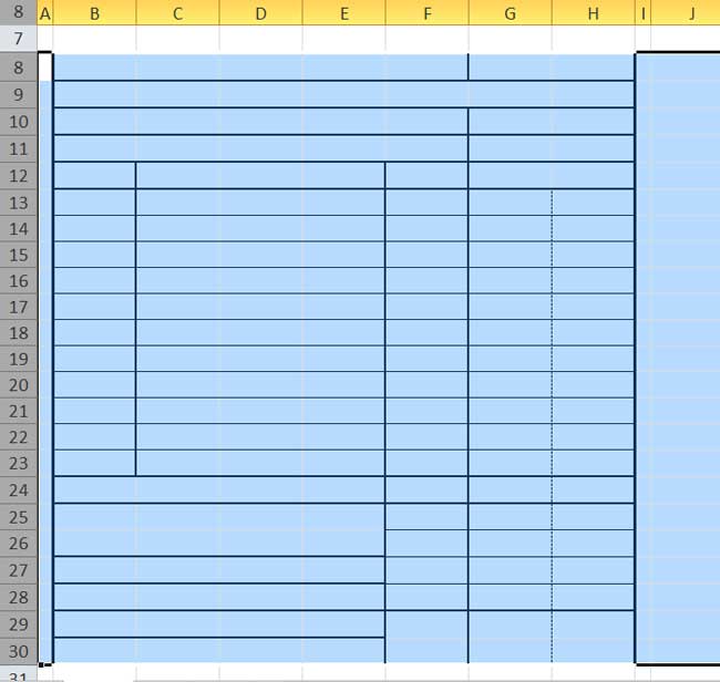 Design Invoice In Excel - Select Rows 8 - 30