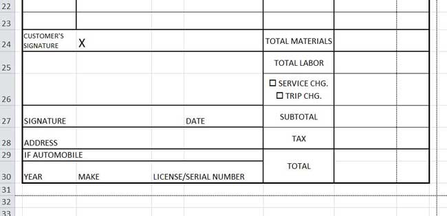 Design Invoice In Excel - Entering Text for Cells B:27 - D:30