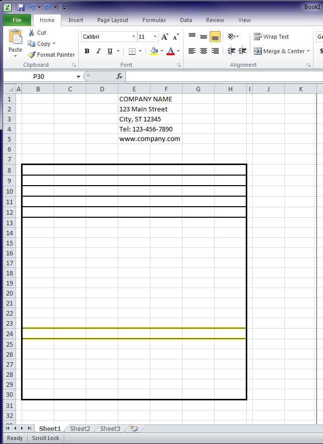 Design Invoice In Excel - Draw Lines Near Bottom of Form