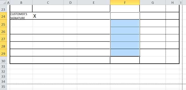 Design Invoice In Excel - Select Cells F:24 - F:29