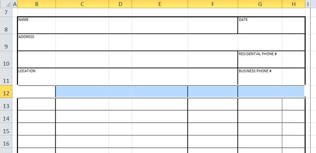 Design Invoice In Excel - Select Row 12