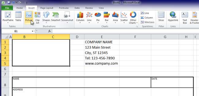 Design Invoice In Excel - Select Cells B:1 - C:5 for Logo