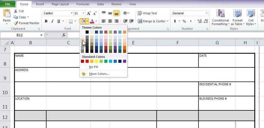 Design Invoice In Excel - Filling in Row 12 with a Light Gray