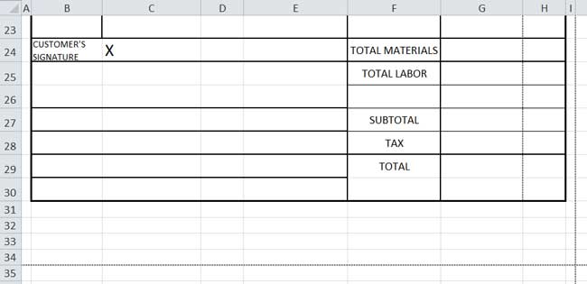 Design Invoice In Excel - Enter Text for Cells F:24 - F:29