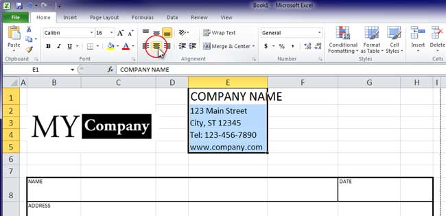 Design Invoice In Excel - Center Company Information