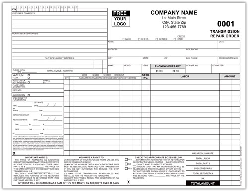 Transmission Repair Invoice Form