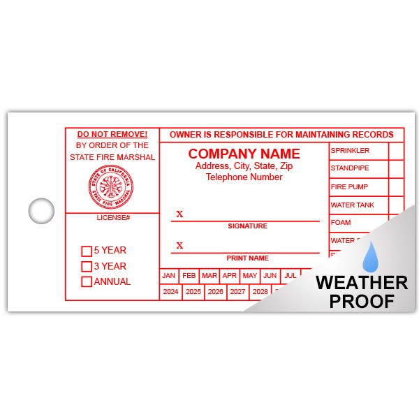 California Dry Sprinkler Inspection Tag