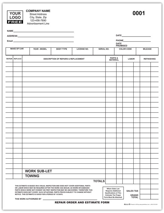 Auto Repair Order & Estimate Forms