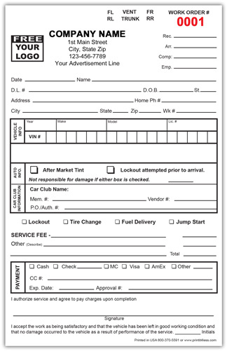 Automotive Locksmith Service Invoice