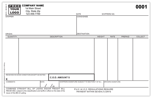 Freight Bill of Lading Form