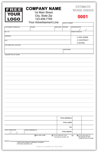 General Work Order Invoice Form 870 2-part or 3-part