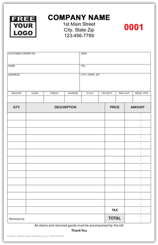 Sales Receipt Invoice form 2-part or 3-part