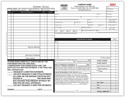Auto Repair Invoice Form 644 – 2 Part or 3 Part