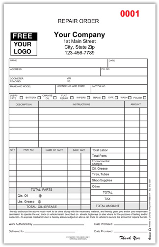 Auto Repair Order Form