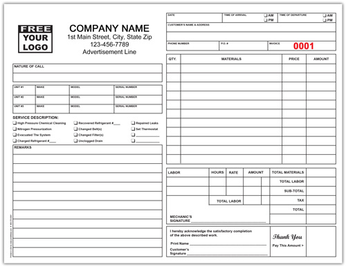 HVAC Service Form – 2 part or 3 part