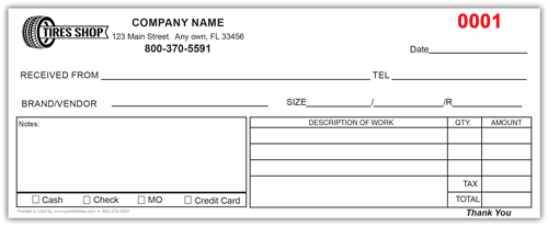 Tire Shop Receipts – 2 part or 3 part